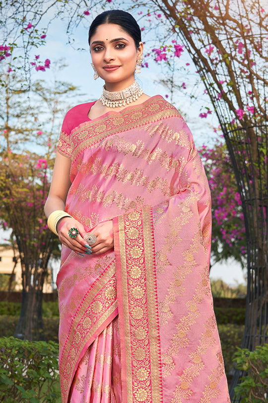 Pink Stain Silk Saree With Blouse Piece