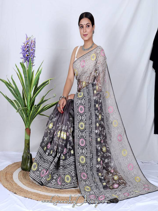 Grey Organza Saree With Blouse Piece