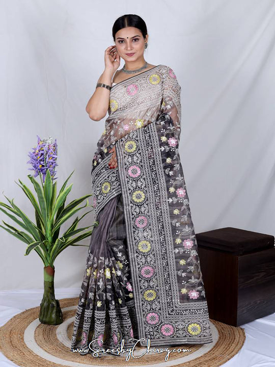 Grey Organza Saree With Blouse Piece