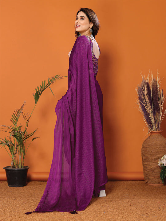 Magenta Polyester Zari Saree With Blouse Piece