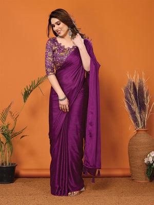 Magenta Polyester Zari Saree With Blouse Piece