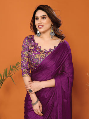 Magenta Polyester Zari Saree With Blouse Piece