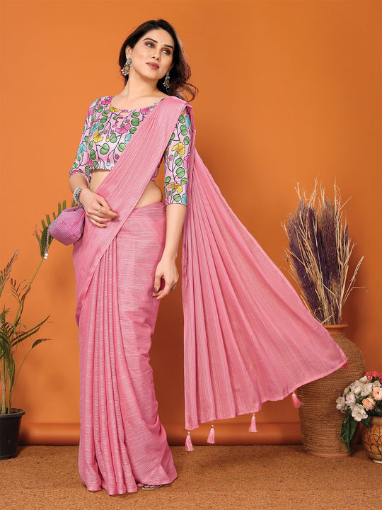 Rose Polyester Zari Saree With Blouse Piece
