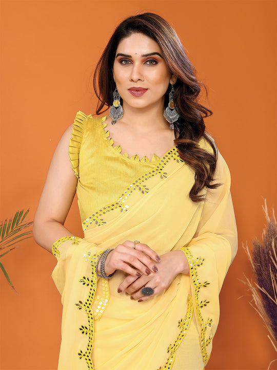 Yellow Georgette Saree With Blouse Piece