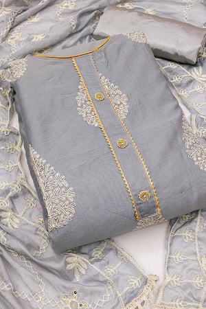 Grey Modal Chanderi Dress Material- Unstitched