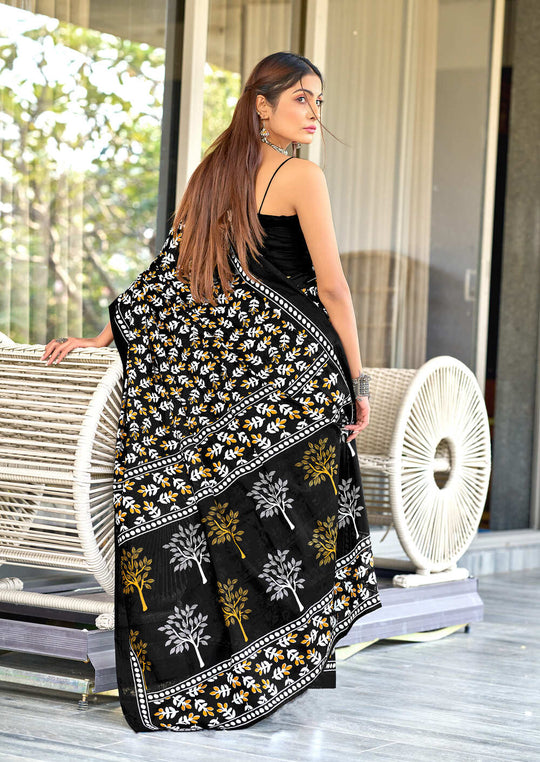 Black Pure Cotton Hand Block Print Sarees Saree With Blouse Piece