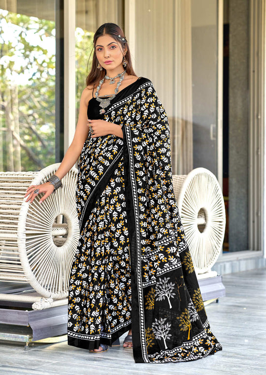 Black Pure Cotton Hand Block Print Sarees Saree With Blouse Piece
