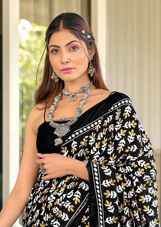Black Pure Cotton Hand Block Print Sarees Saree With Blouse Piece