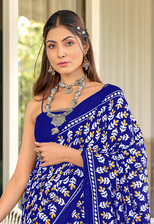 Blue Pure Cotton Hand Block Print Sarees Saree With Blouse Piece