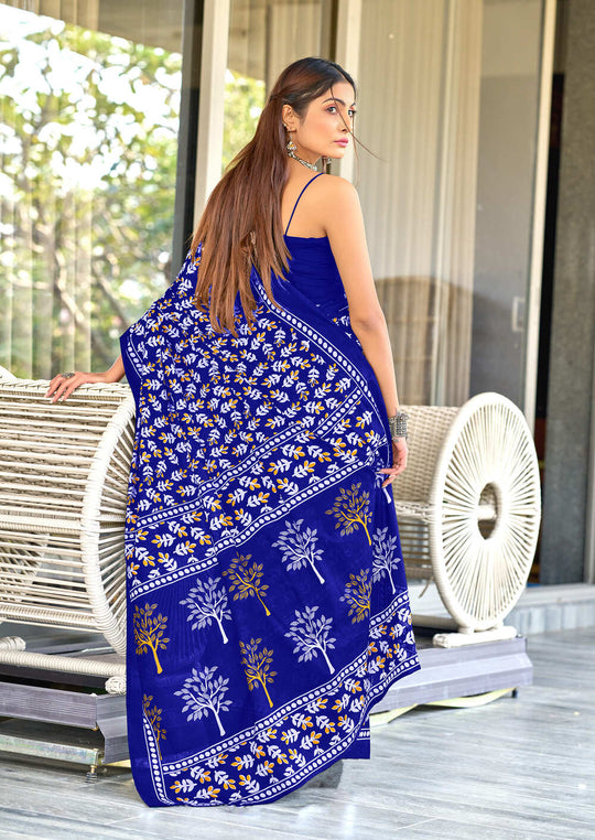 Blue Pure Cotton Hand Block Print Sarees Saree With Blouse Piece