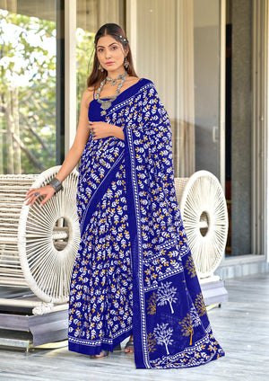 Blue Pure Cotton Hand Block Print Sarees Saree With Blouse Piece