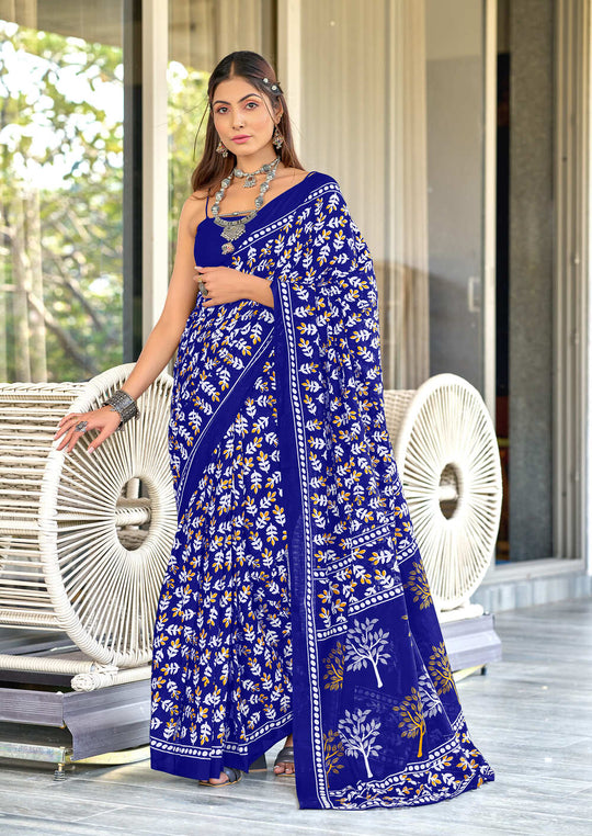 Blue Pure Cotton Hand Block Print Sarees Saree With Blouse Piece
