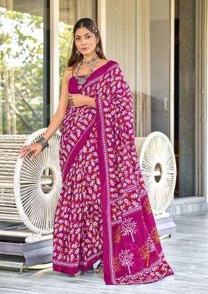 Pink Pure Cotton Hand Block Print Sarees Saree With Blouse Piece