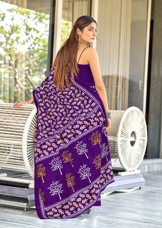 Purple Pure Cotton Hand Block Print Sarees Saree With Blouse Piece