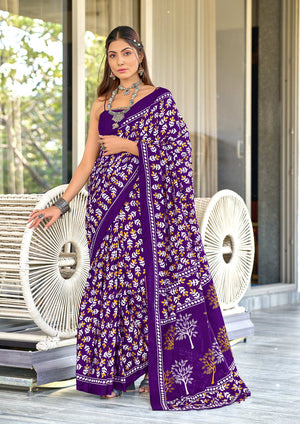 Purple Pure Cotton Hand Block Print Sarees Saree With Blouse Piece