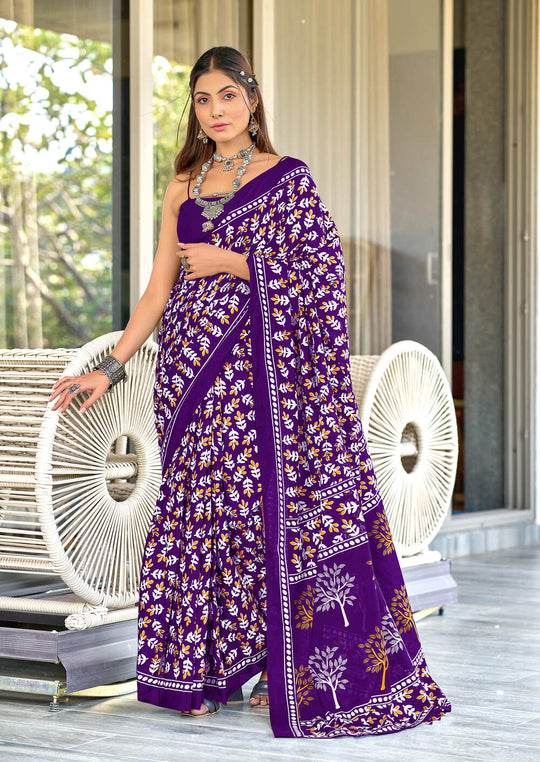 Purple Pure Cotton Hand Block Print Sarees Saree With Blouse Piece
