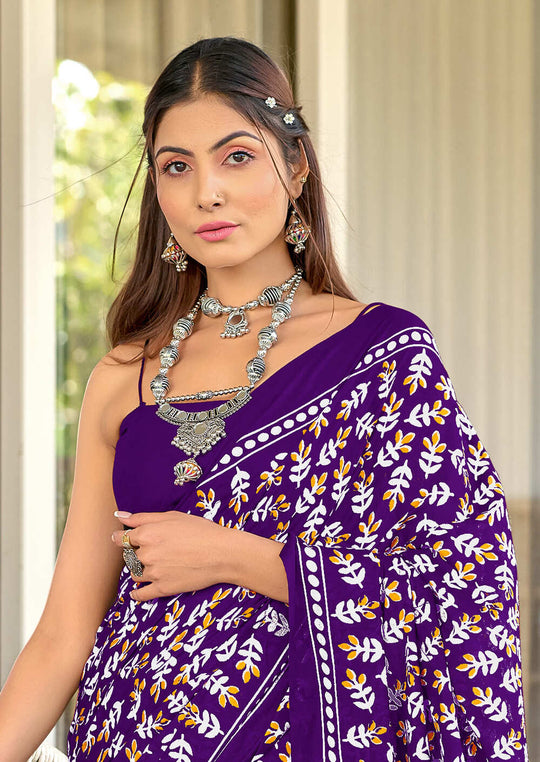Purple Pure Cotton Hand Block Print Sarees Saree With Blouse Piece