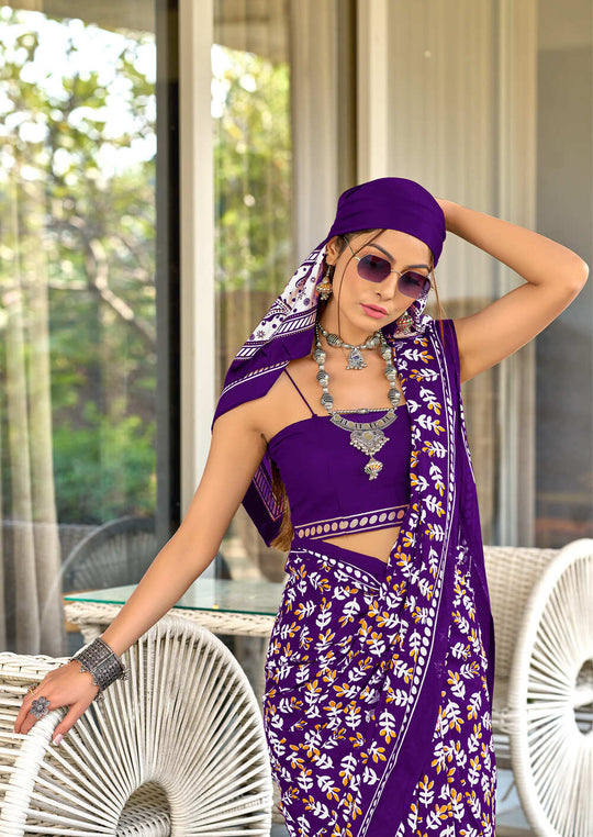 Purple Pure Cotton Hand Block Print Sarees Saree With Blouse Piece