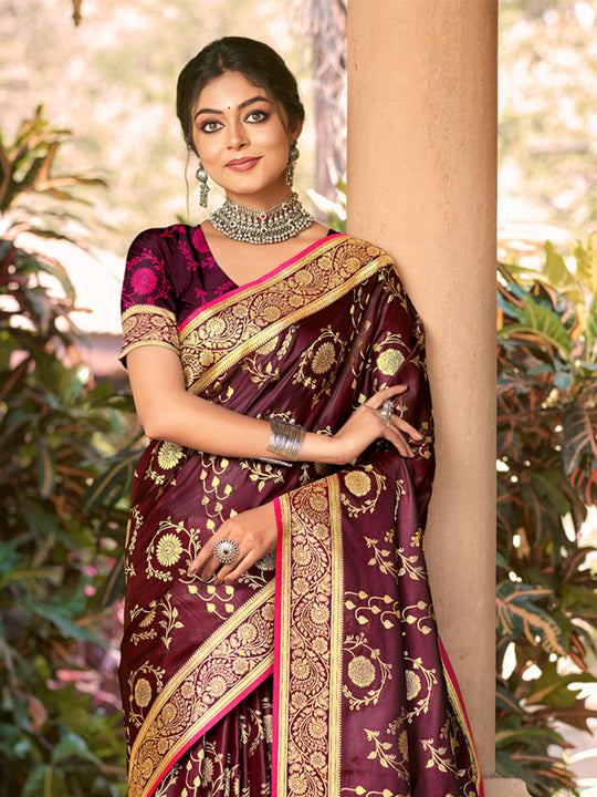 Wine Satin Silk Saree With Blouse Piece