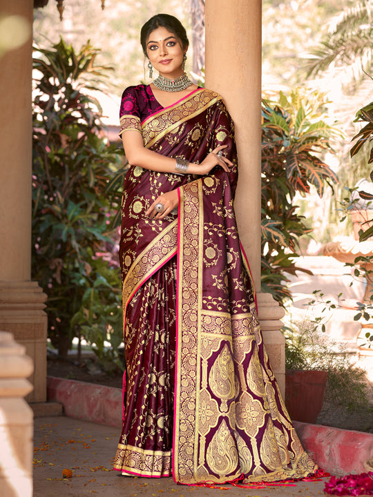 Wine Satin Silk Saree With Blouse Piece