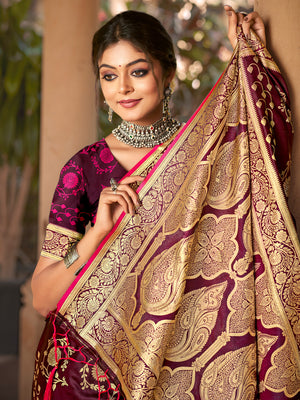 Wine Satin Silk Saree With Blouse Piece