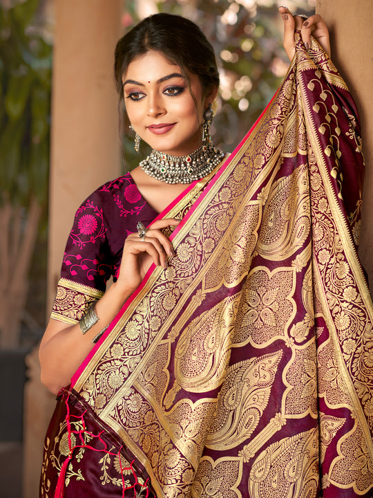 Wine Satin Silk Saree With Blouse Piece
