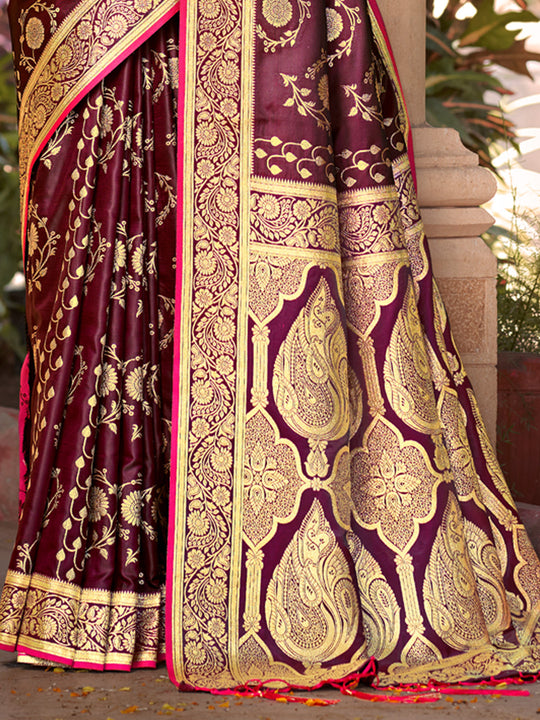 Wine Satin Silk Saree With Blouse Piece