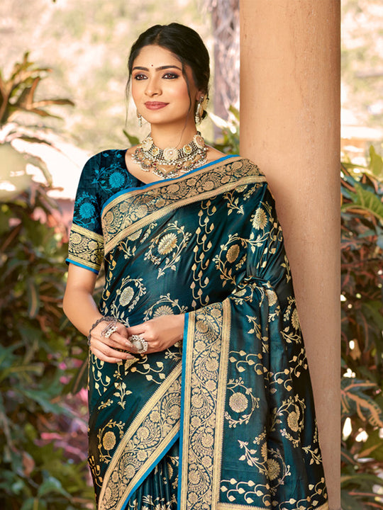 Navy Blue Satin Silk Saree With Blouse Piece
