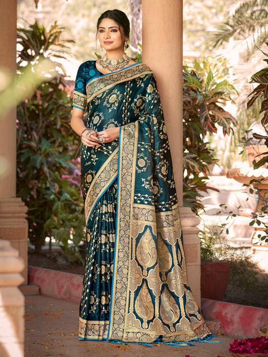 Navy Blue Satin Silk Saree With Blouse Piece