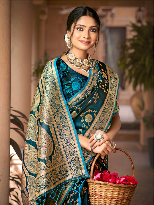 Navy Blue Satin Silk Saree With Blouse Piece