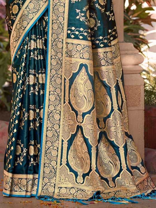 Navy Blue Satin Silk Saree With Blouse Piece