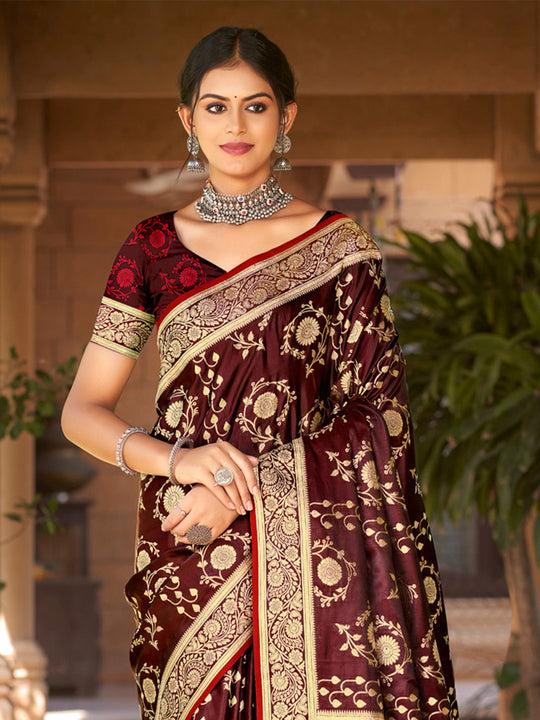 Maroon Satin Silk Saree With Blouse Piece