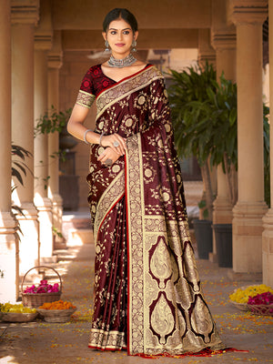 Maroon Satin Silk Saree With Blouse Piece