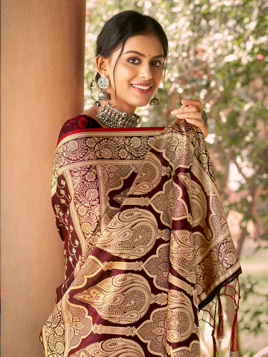 Maroon Satin Silk Saree With Blouse Piece