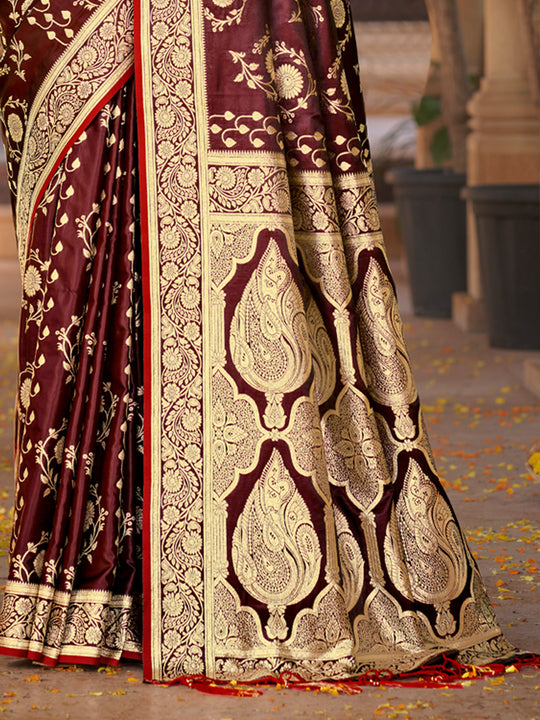 Maroon Satin Silk Saree With Blouse Piece