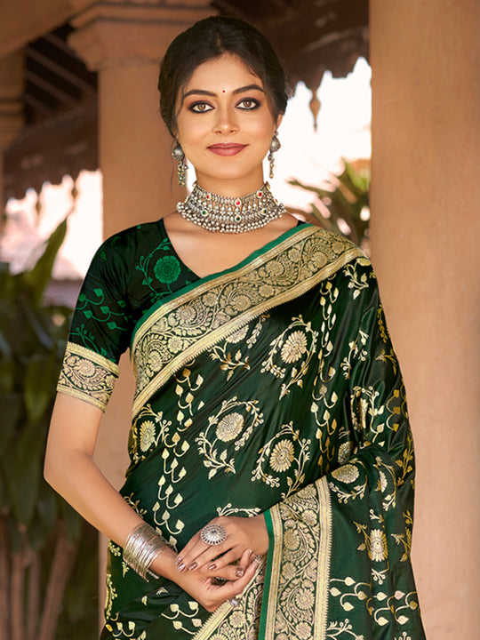 Green Satin Silk Saree With Blouse Piece