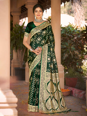 Green Satin Silk Saree With Blouse Piece