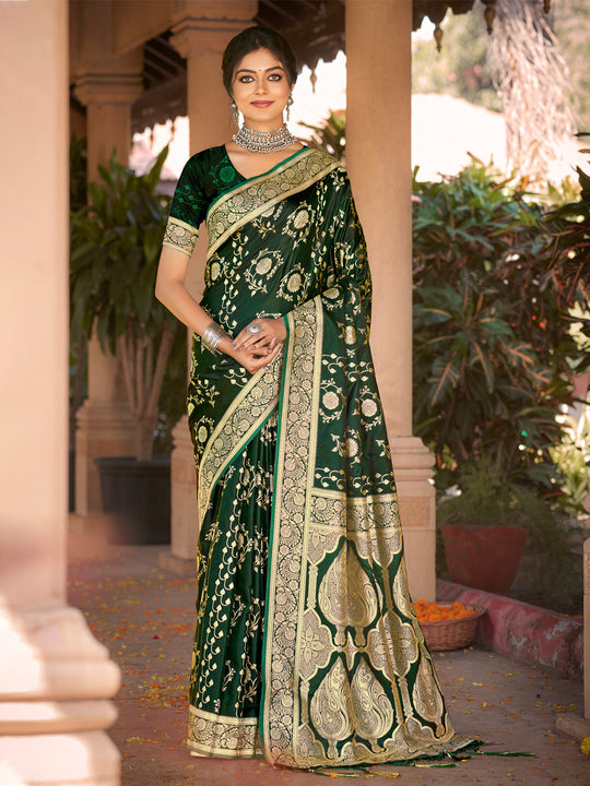Green Satin Silk Saree With Blouse Piece