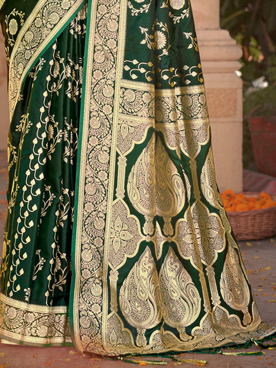 Green Satin Silk Saree With Blouse Piece