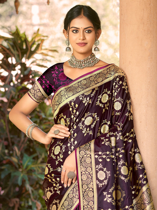Purple Satin Silk Saree With Blouse Piece