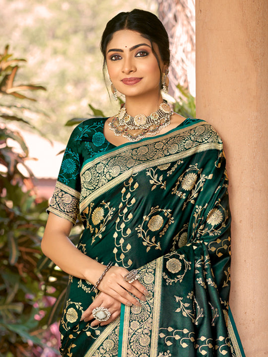 Green Satin Silk Saree With Blouse Piece