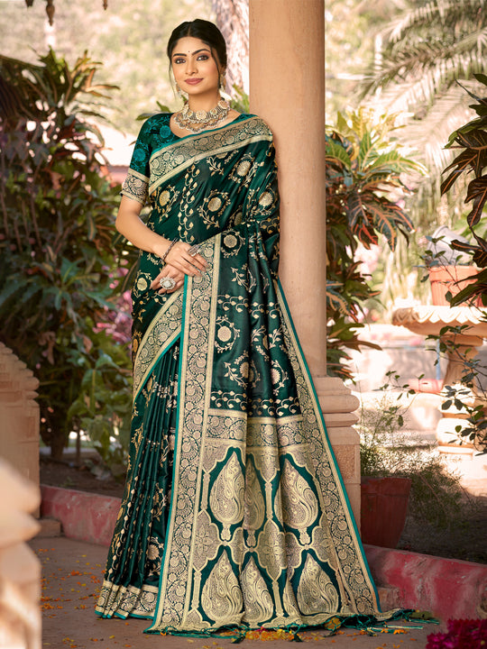 Green Satin Silk Saree With Blouse Piece