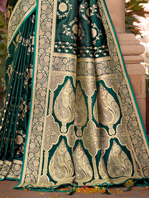 Green Satin Silk Saree With Blouse Piece