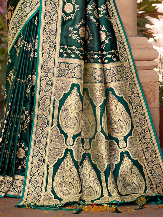 Green Satin Silk Saree With Blouse Piece