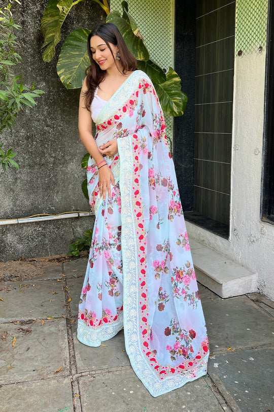 Lime Green Georgette Saree with White Blouse Piece