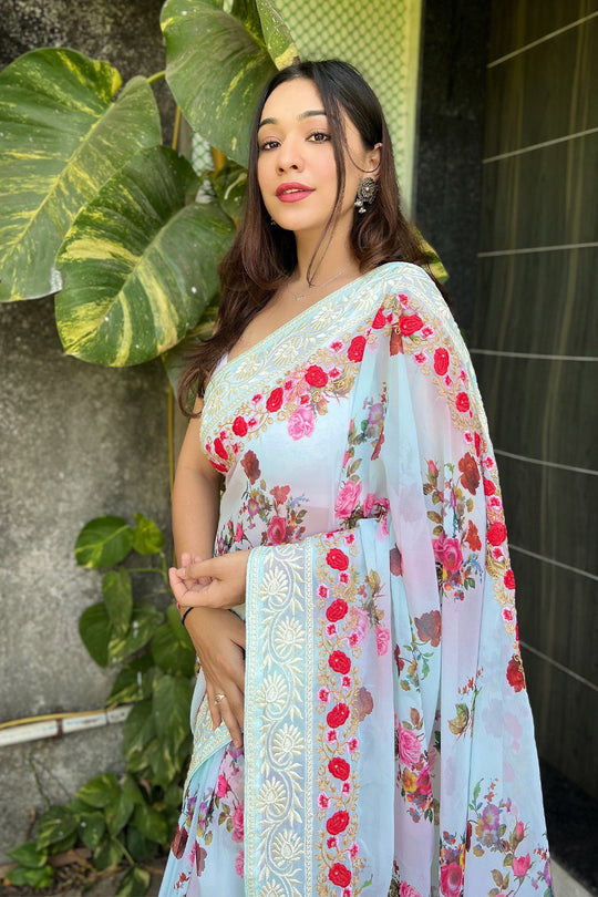 Lime Green Georgette Saree with White Blouse Piece