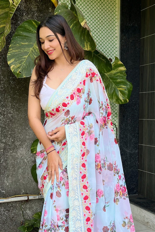 Lime Green Georgette Saree with White Blouse Piece