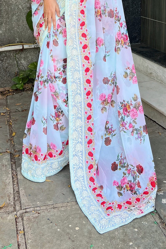 Lime Green Georgette Saree with White Blouse Piece