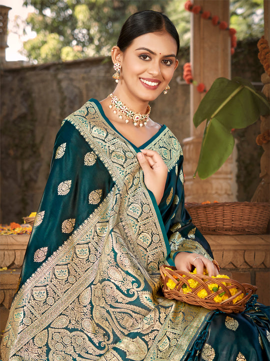 Green Satin Silk Saree With Blouse Piece
