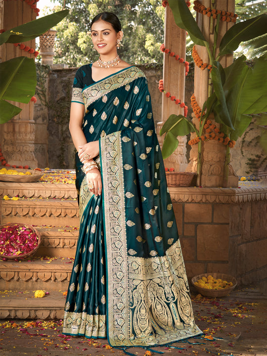 Green Satin Silk Saree With Blouse Piece